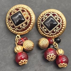 Vintage 80s earrings chandellier red black golden regency filigree statement